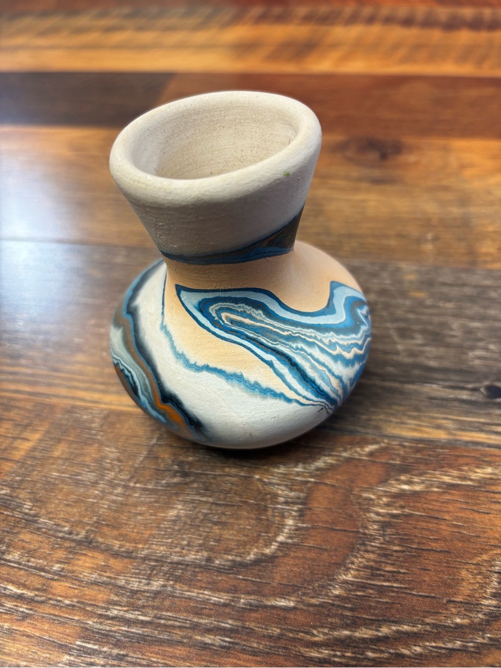 Nemadji vintage pottery vase, blue, black and orange marbled swirl design 3.5”